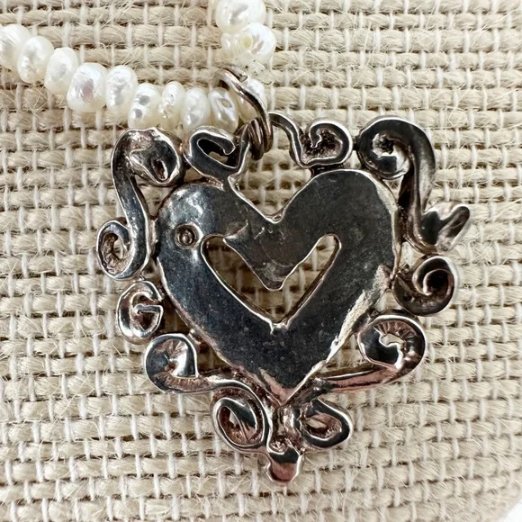 Genuine Biwi Pearl Necklace & Sterling Silver Heart Pendant White 24